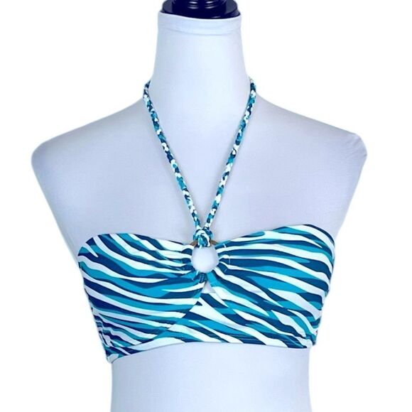 Jaclyn Smith Navy And Turquoise Waves Bandeau Swimsuit Top, Size 10 - Picture 2 of 11